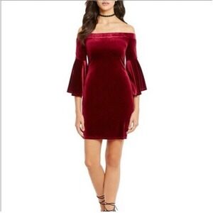 Gianni Bin Velvet Dress Off Shoulder Bell Sleeve Party Cocktail Red M‎